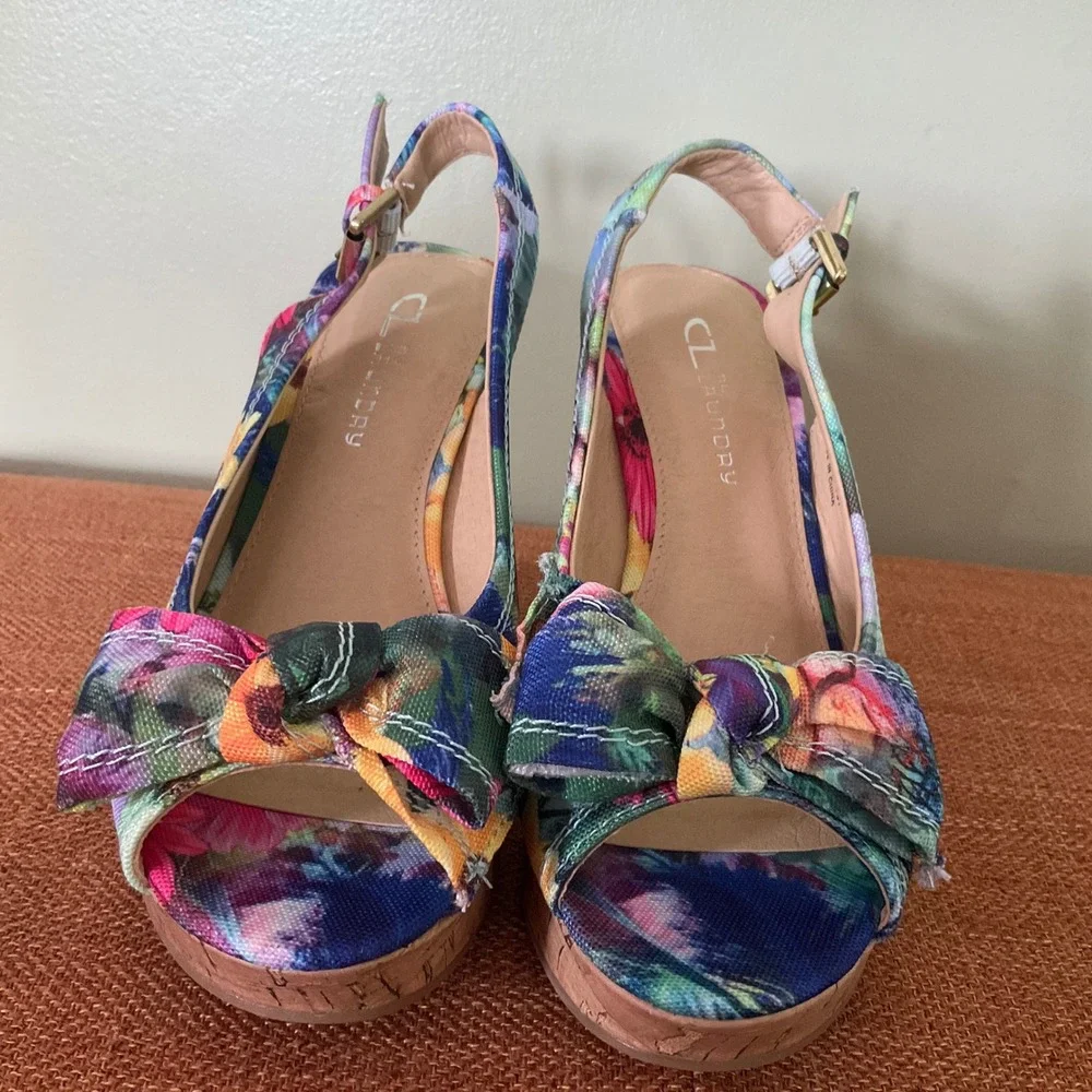 CL by Laundry‎ Imagined Multi Floral Wedge Sandals Cork Heel Peep Toe 6.5 New IB